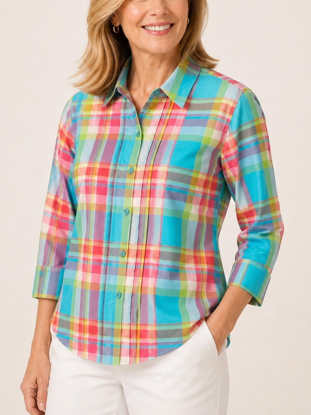 Foxcroft Wrinkle Free Pleated Front Plaid Cotton Multicolor Shirt 4P